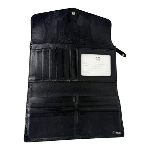 Coach Black LONG WALLET Patent Leather Canvas Signature CC Snap Flap Rear Zip - Picture 3 of 8